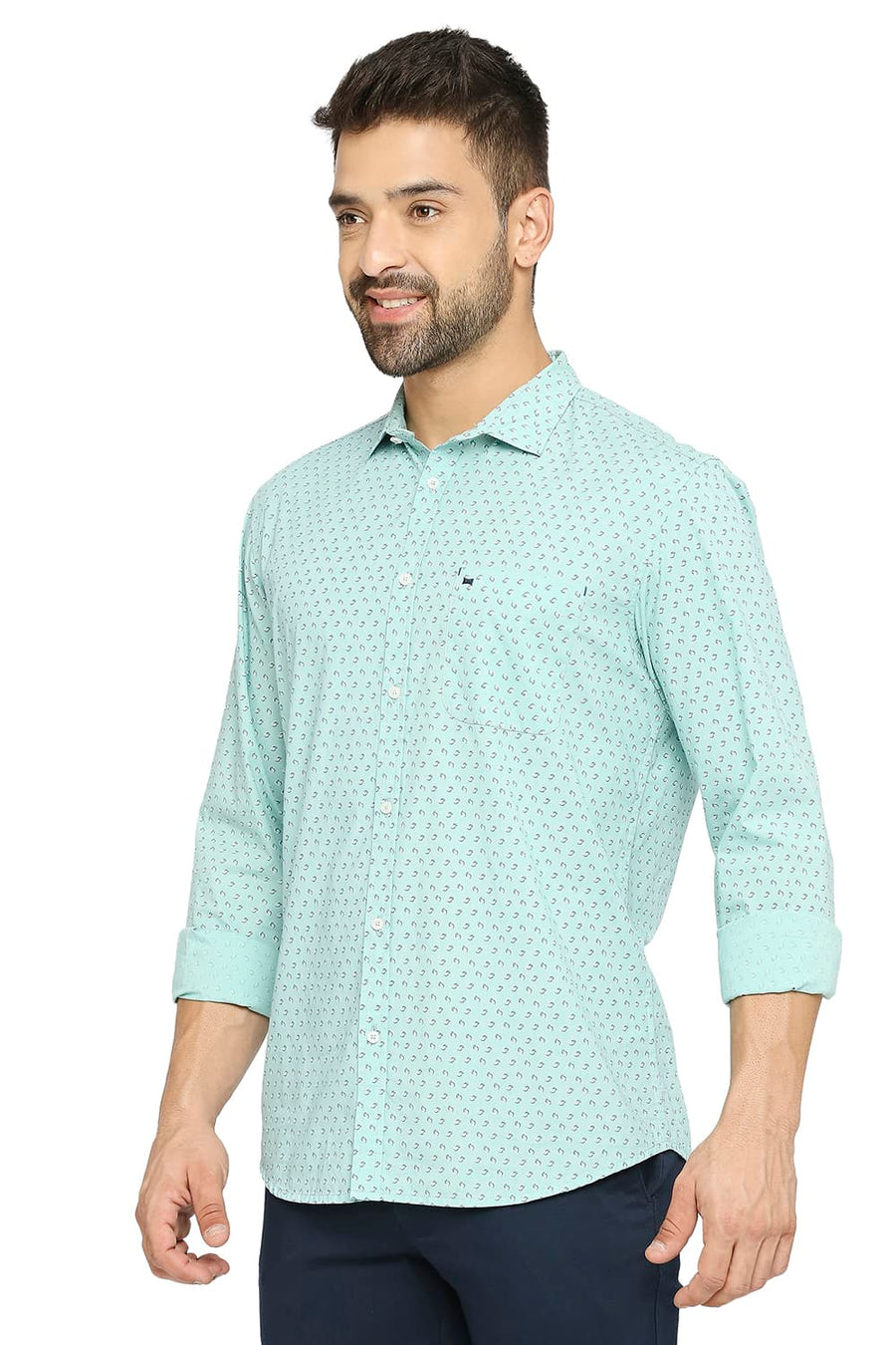 BASICS SLIM FIT LICHEN GREEN COTTON POPLIN PRINTED SHIRT