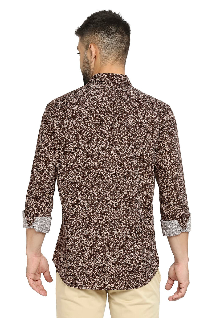 BASICS SLIM FIT STONE BROWN COTTON POPLIN PRINTED SHIRT