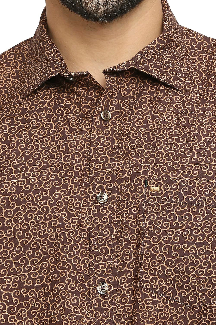 BASICS SLIM FIT STONE BROWN COTTON POPLIN PRINTED SHIRT