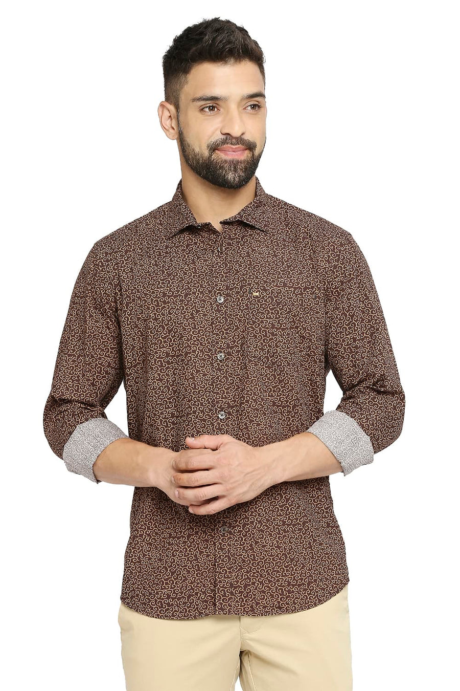 BASICS SLIM FIT STONE BROWN COTTON POPLIN PRINTED SHIRT