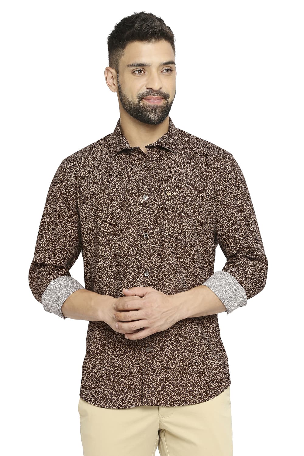 BASICS SLIM FIT COTTON POPLIN PRINTED SHIRT