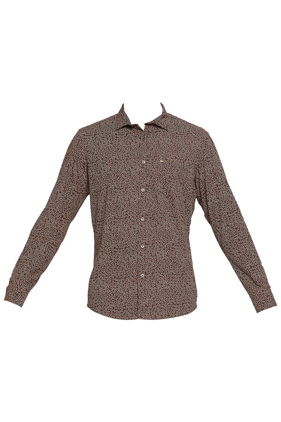 BASICS SLIM FIT STONE BROWN COTTON POPLIN PRINTED SHIRT