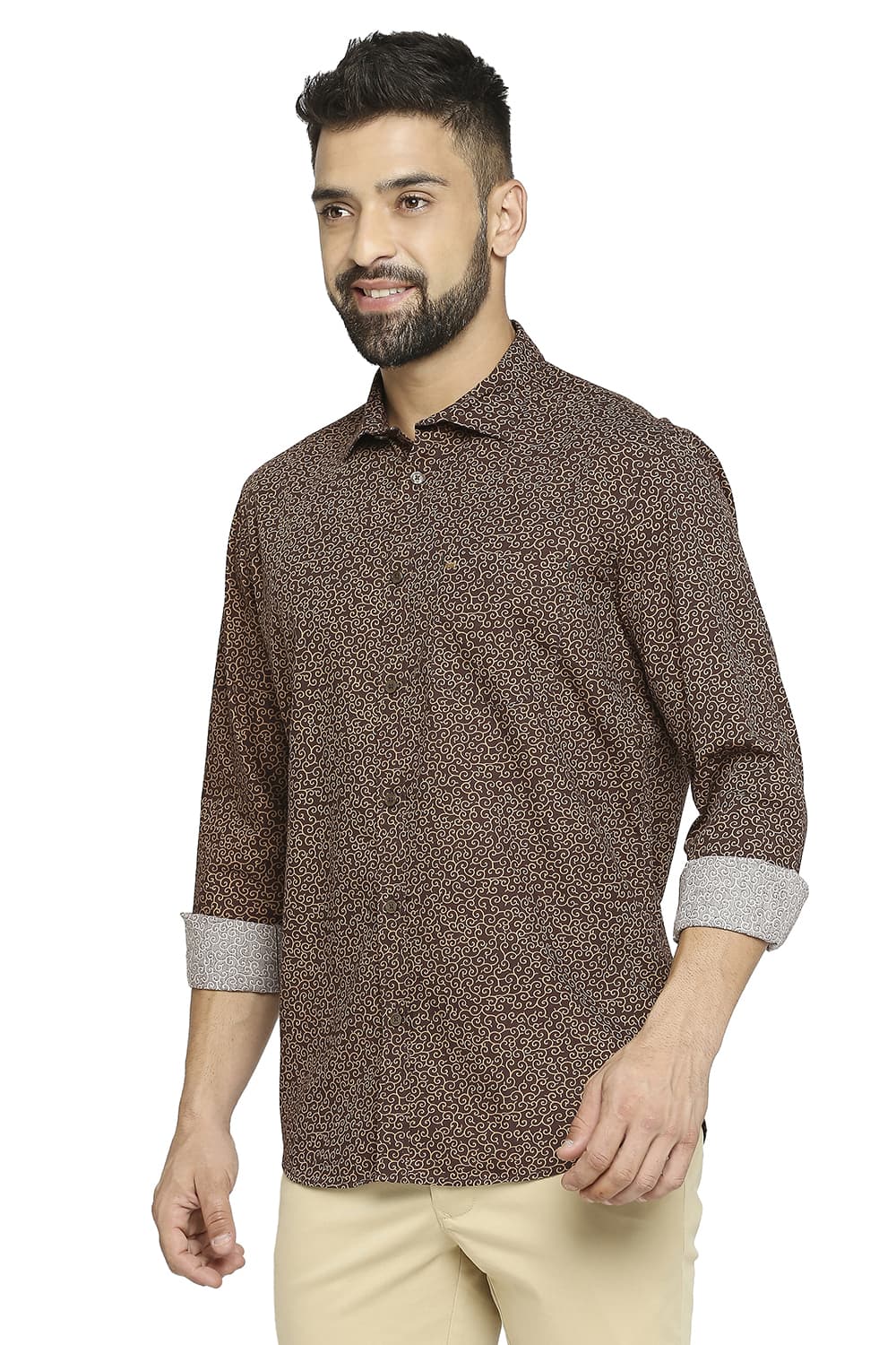 BASICS SLIM FIT COTTON POPLIN PRINTED SHIRT