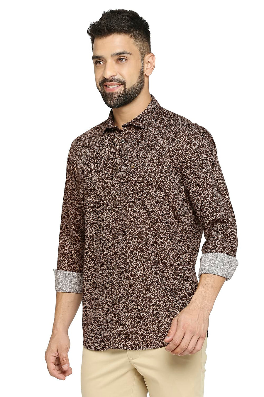 BASICS SLIM FIT STONE BROWN COTTON POPLIN PRINTED SHIRT