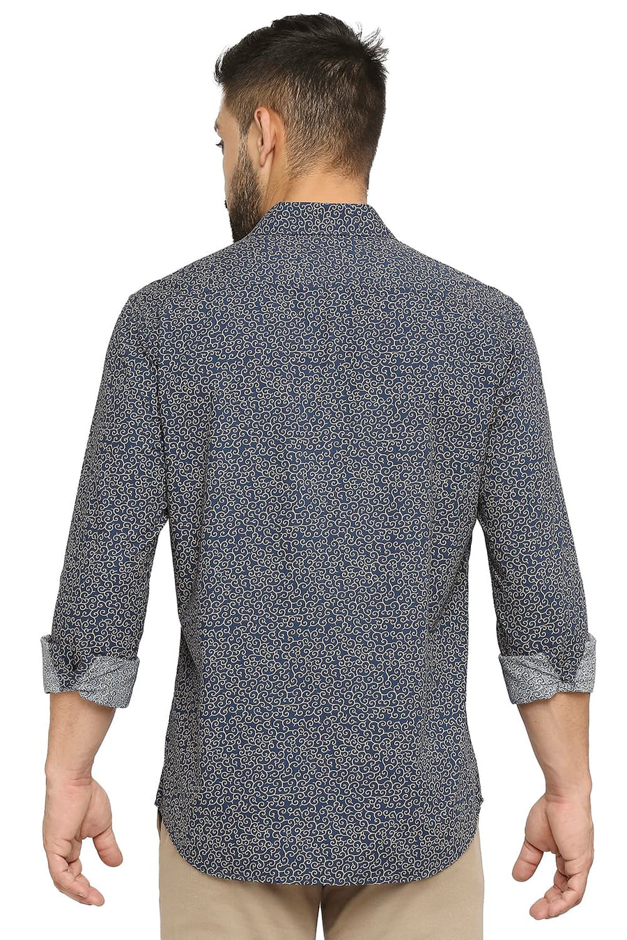 BASICS SLIM FIT REFLECTING NAVY COTTON POPLIN PRINTED SHIRT