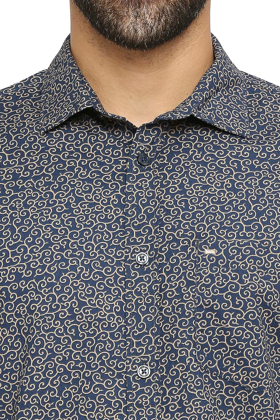 BASICS SLIM FIT REFLECTING NAVY COTTON POPLIN PRINTED SHIRT
