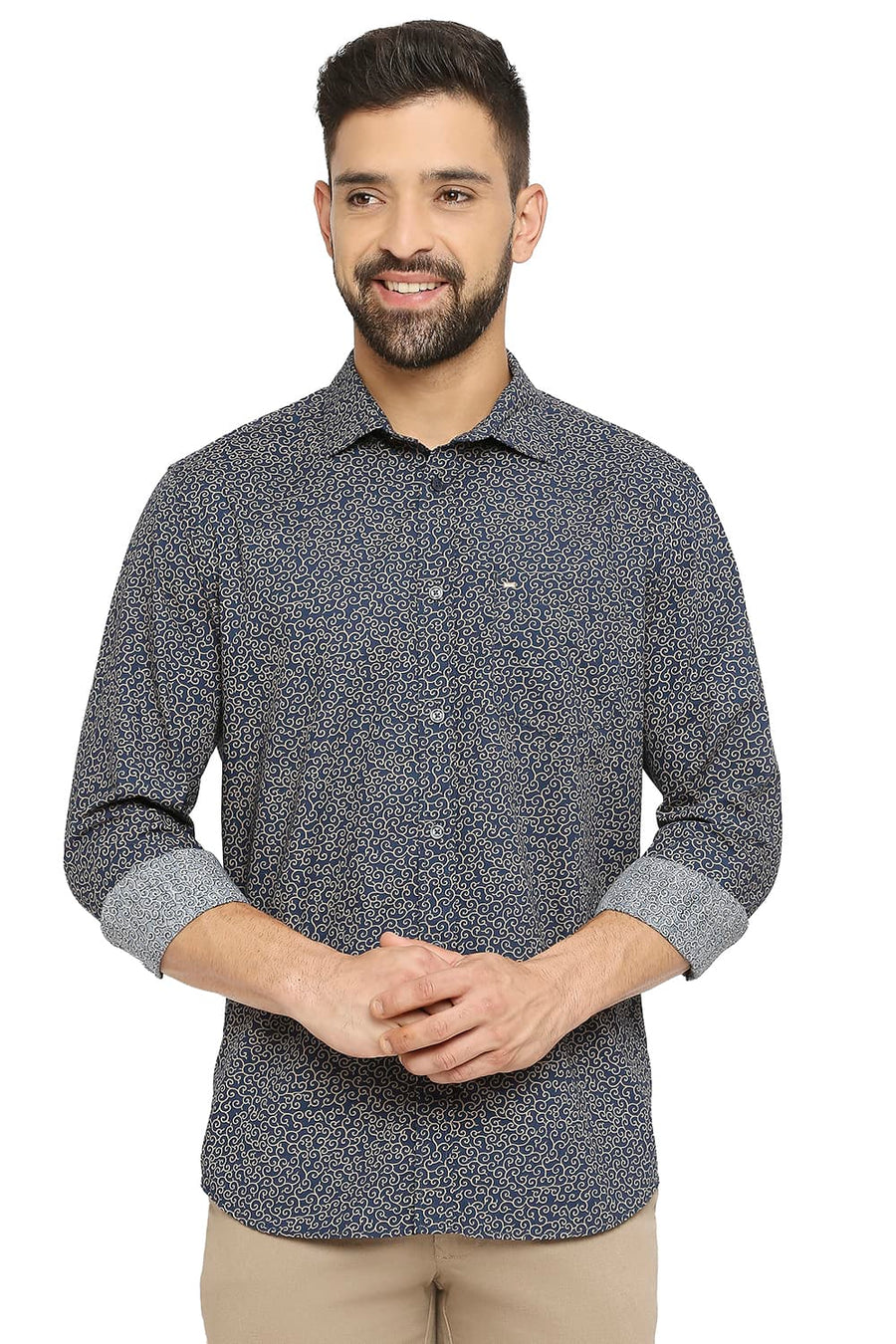 BASICS SLIM FIT REFLECTING NAVY COTTON POPLIN PRINTED SHIRT