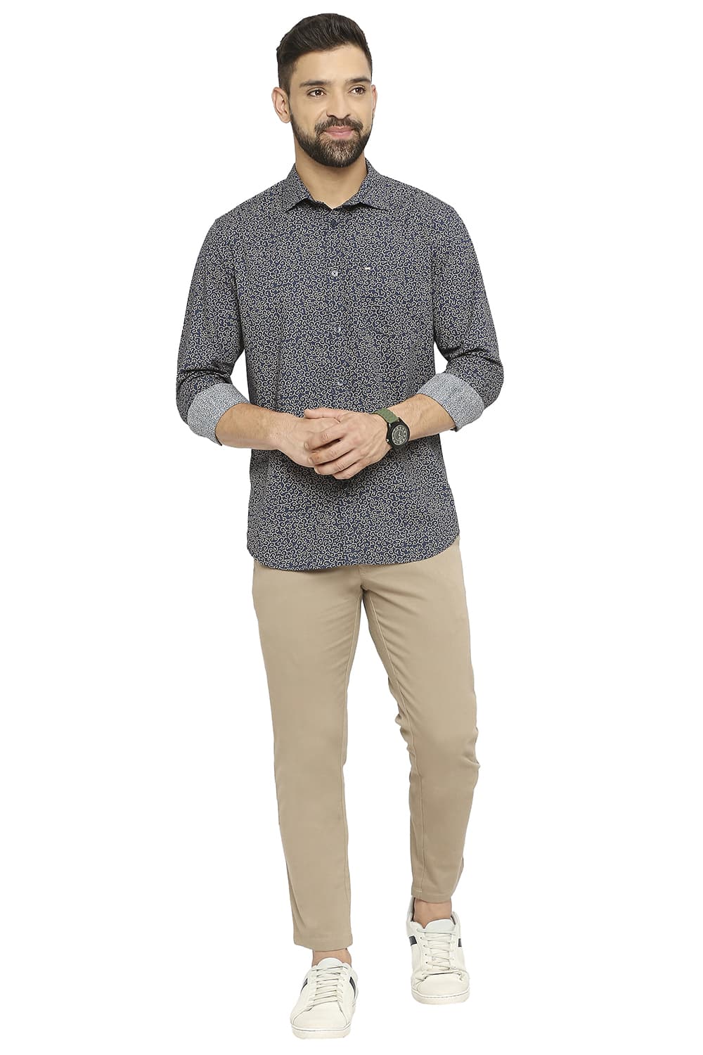 BASICS SLIM FIT COTTON POPLIN PRINTED SHIRT