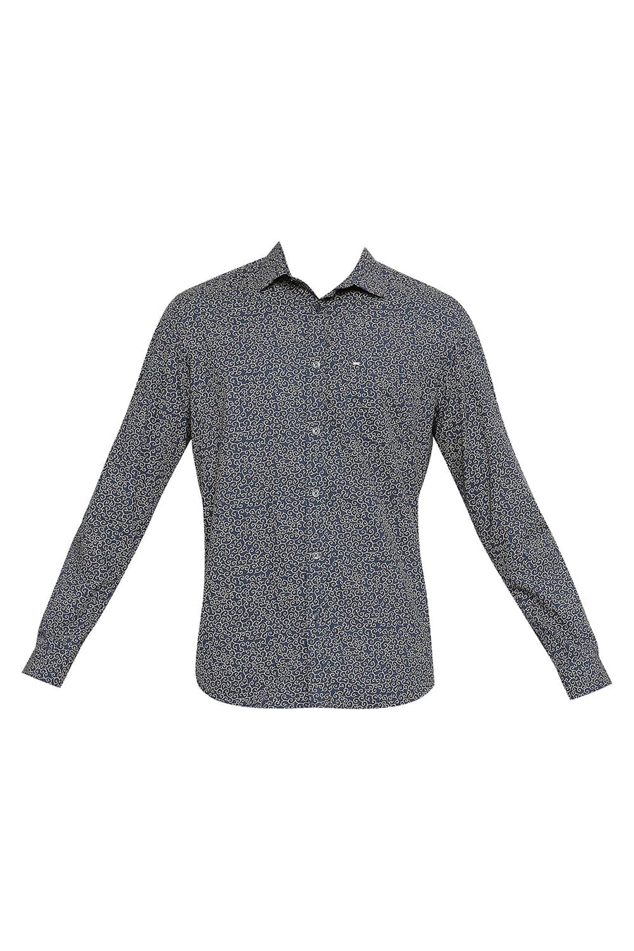BASICS SLIM FIT REFLECTING NAVY COTTON POPLIN PRINTED SHIRT