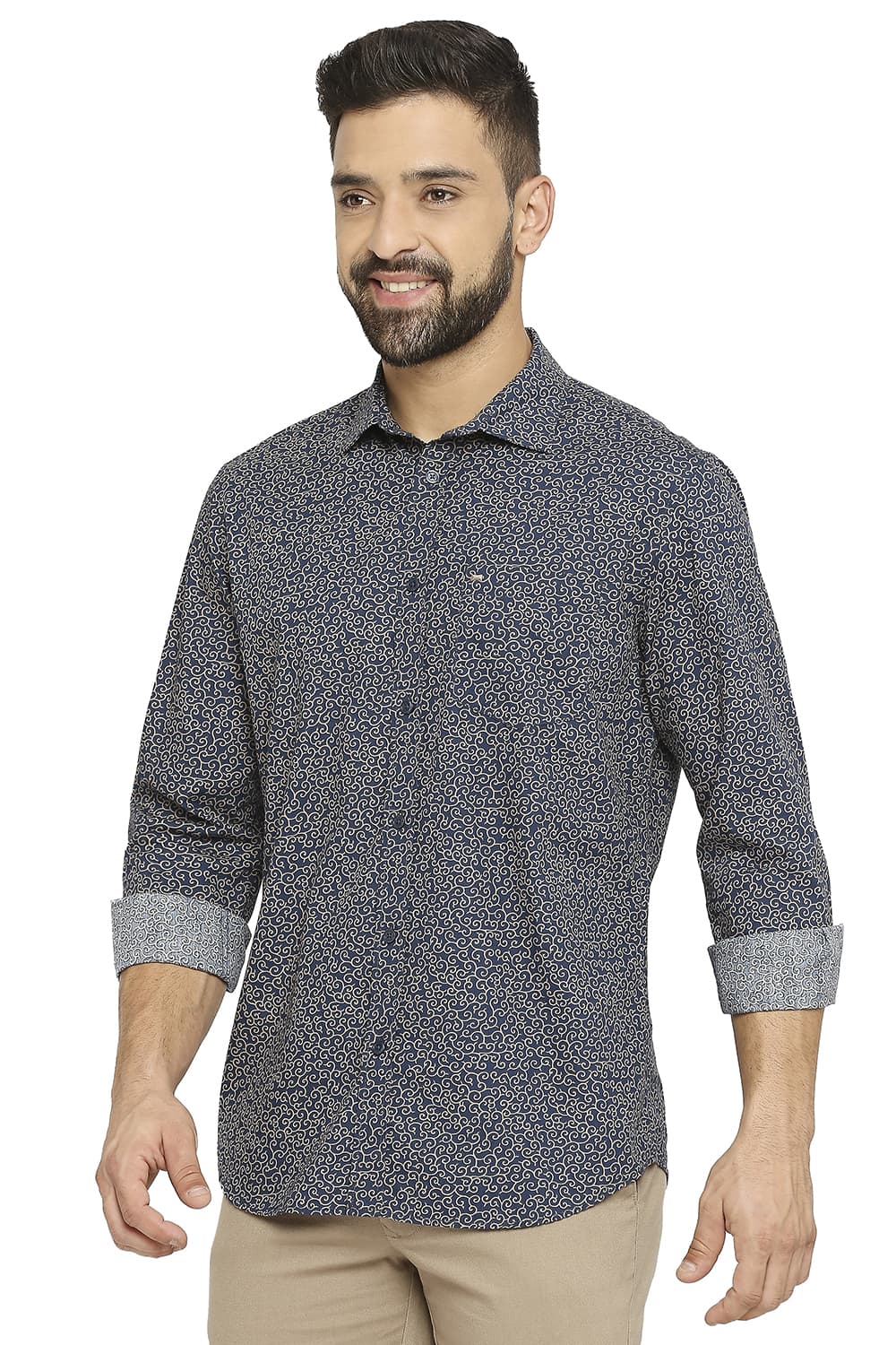 BASICS SLIM FIT COTTON POPLIN PRINTED SHIRT