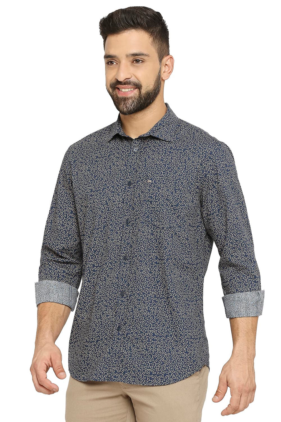 BASICS SLIM FIT REFLECTING NAVY COTTON POPLIN PRINTED SHIRT