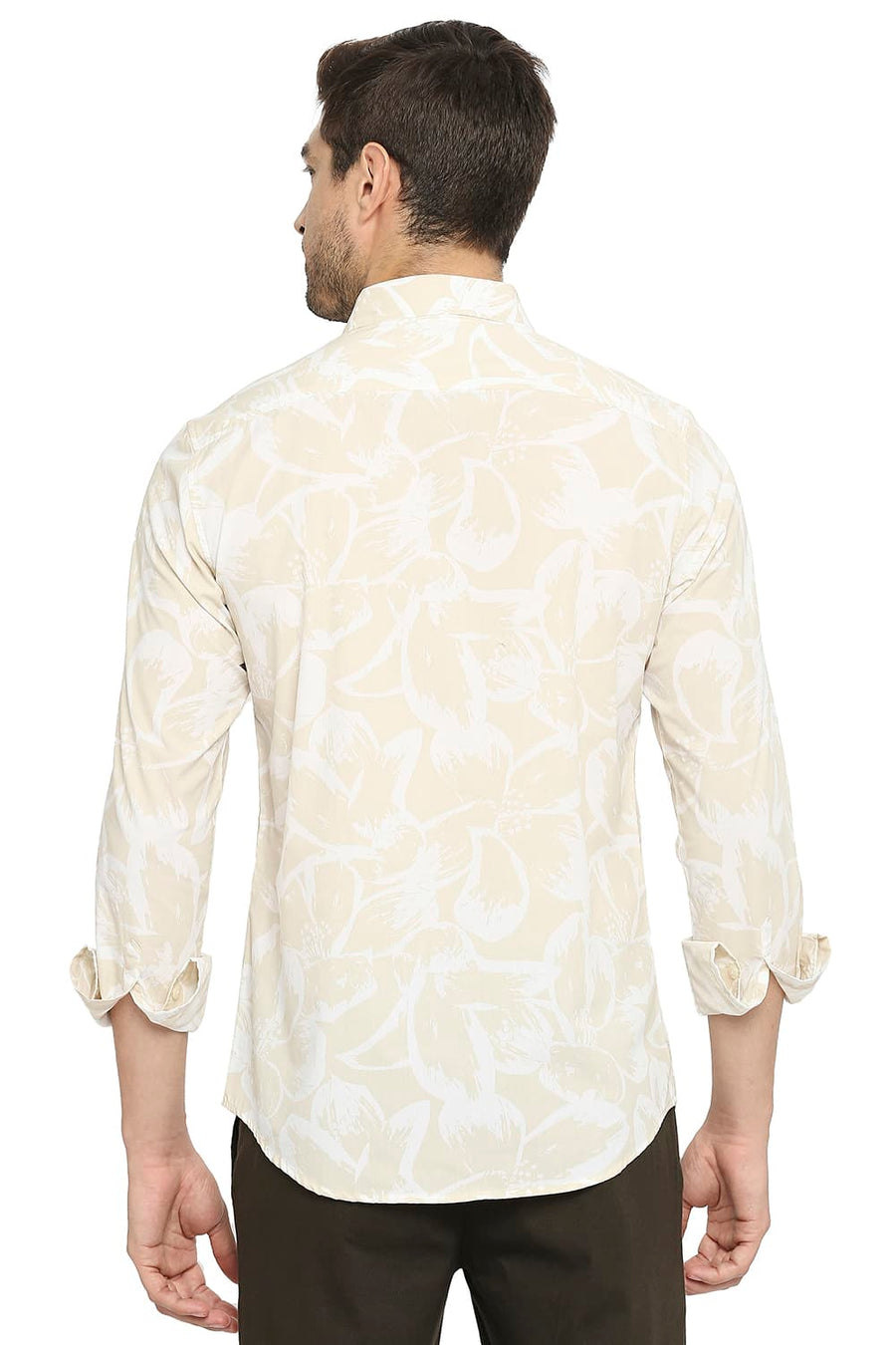 BASICS SLIM FIT SAFARI BEIGE COTTON POPLIN PRINTED SHIRT