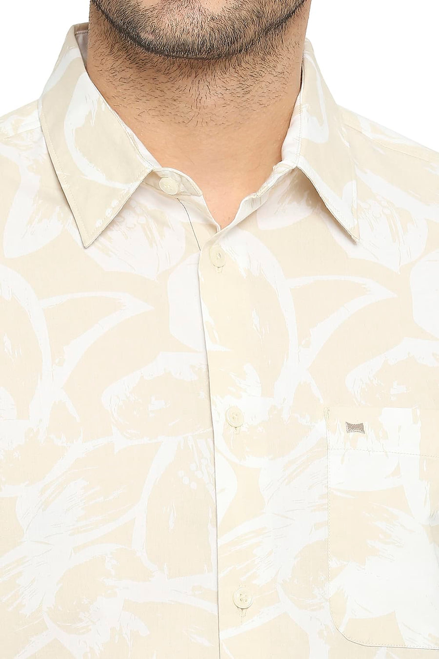 BASICS SLIM FIT SAFARI BEIGE COTTON POPLIN PRINTED SHIRT