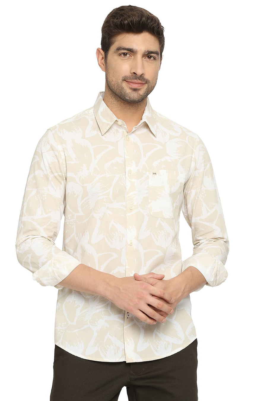 BASICS SLIM FIT SAFARI BEIGE COTTON POPLIN PRINTED SHIRT