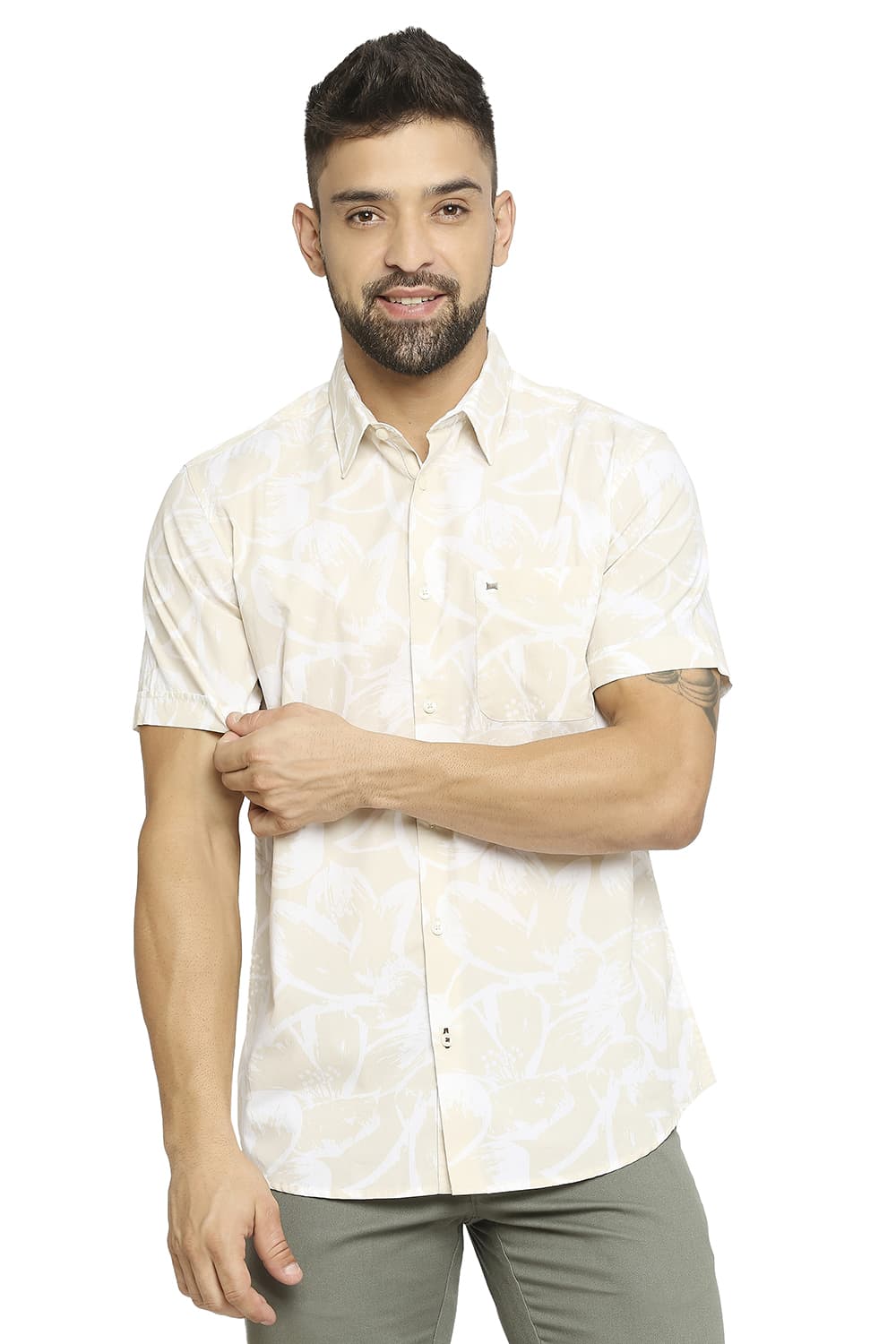 BASICS SLIM FIT COTTON POPLIN PRINTED SHIRT