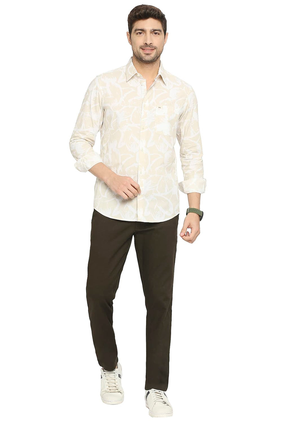 BASICS SLIM FIT SAFARI BEIGE COTTON POPLIN PRINTED SHIRT
