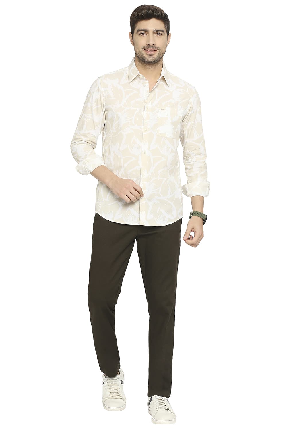 BASICS SLIM FIT COTTON POPLIN PRINTED SHIRT