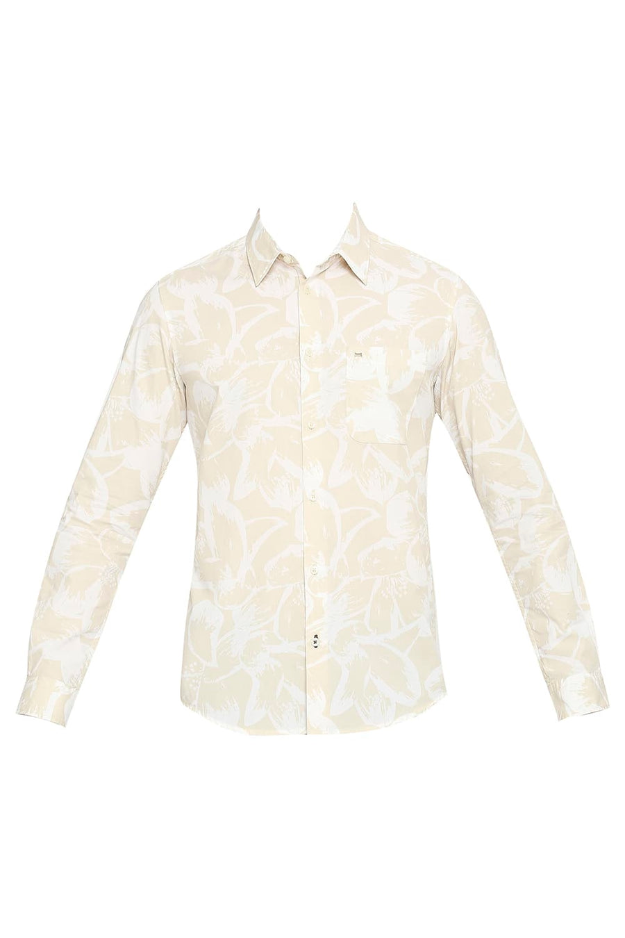 BASICS SLIM FIT SAFARI BEIGE COTTON POPLIN PRINTED SHIRT