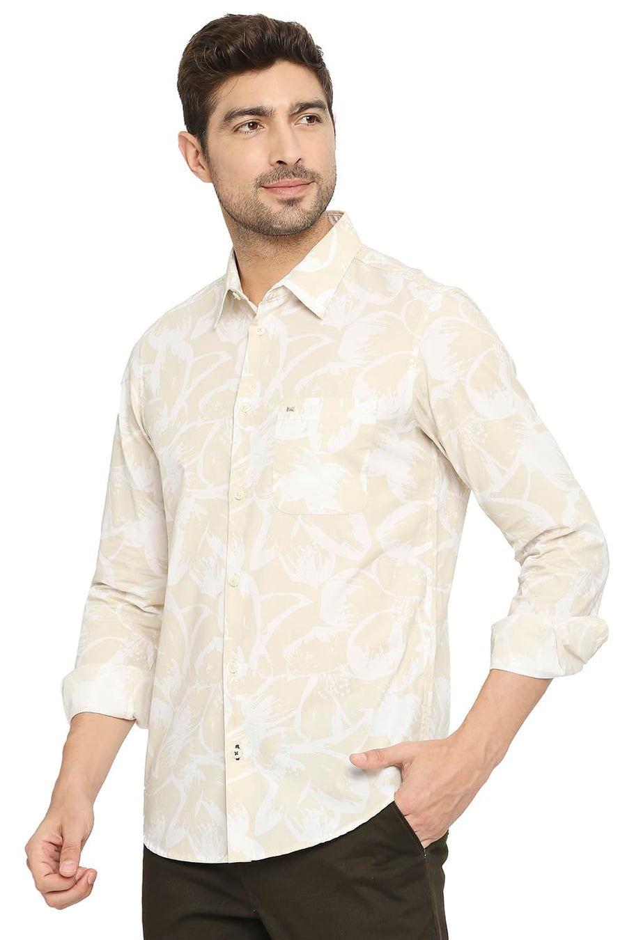 BASICS SLIM FIT SAFARI BEIGE COTTON POPLIN PRINTED SHIRT