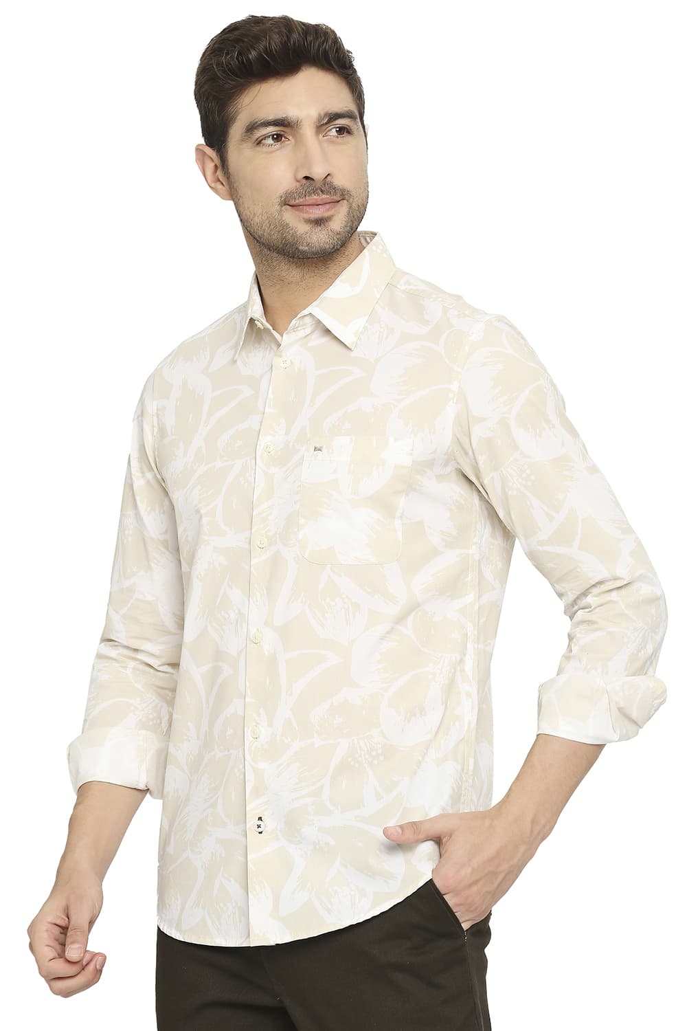 BASICS SLIM FIT COTTON POPLIN PRINTED SHIRT