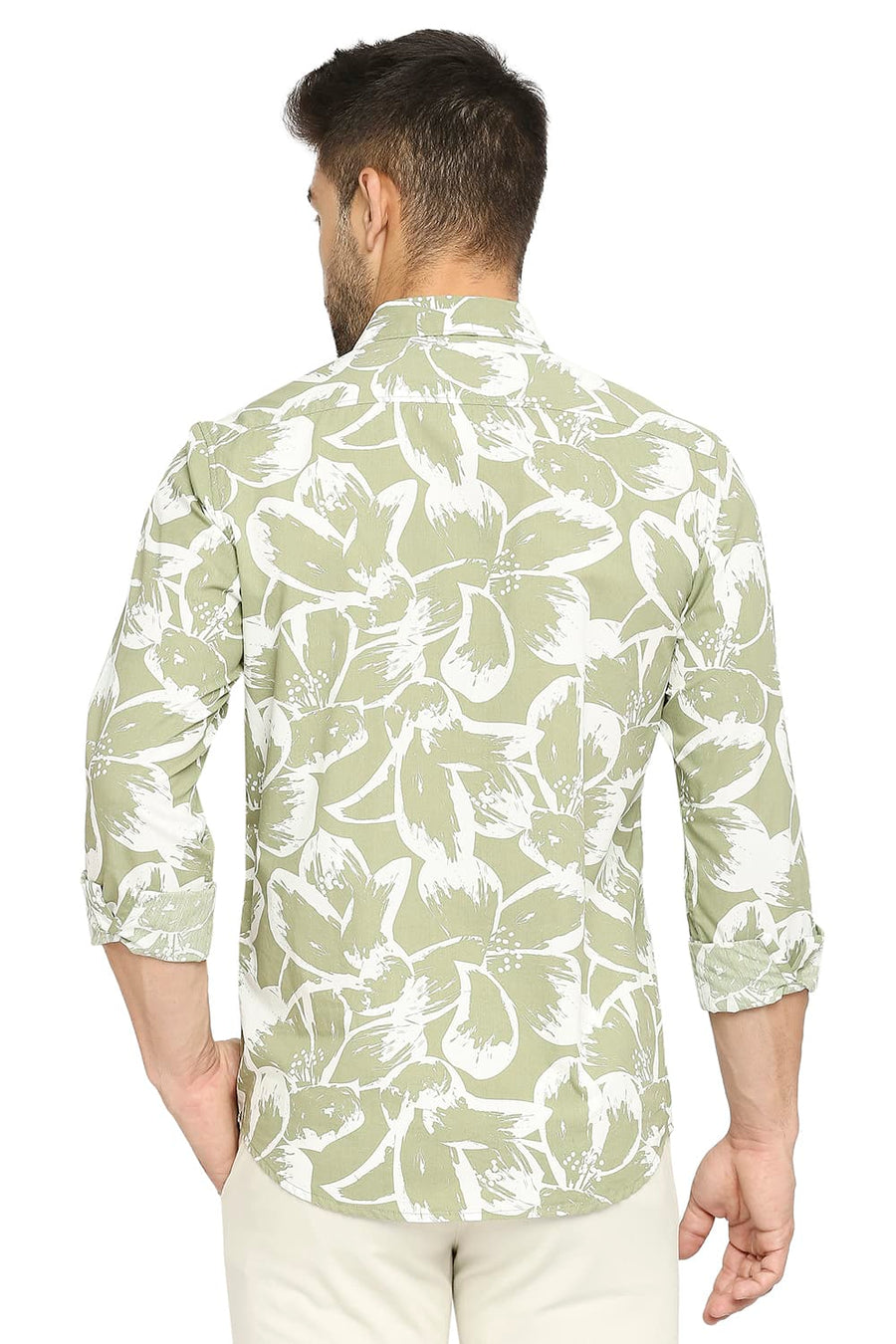 BASICS SLIM FIT JADE GREEN COTTON POPLIN PRINTED SHIRT