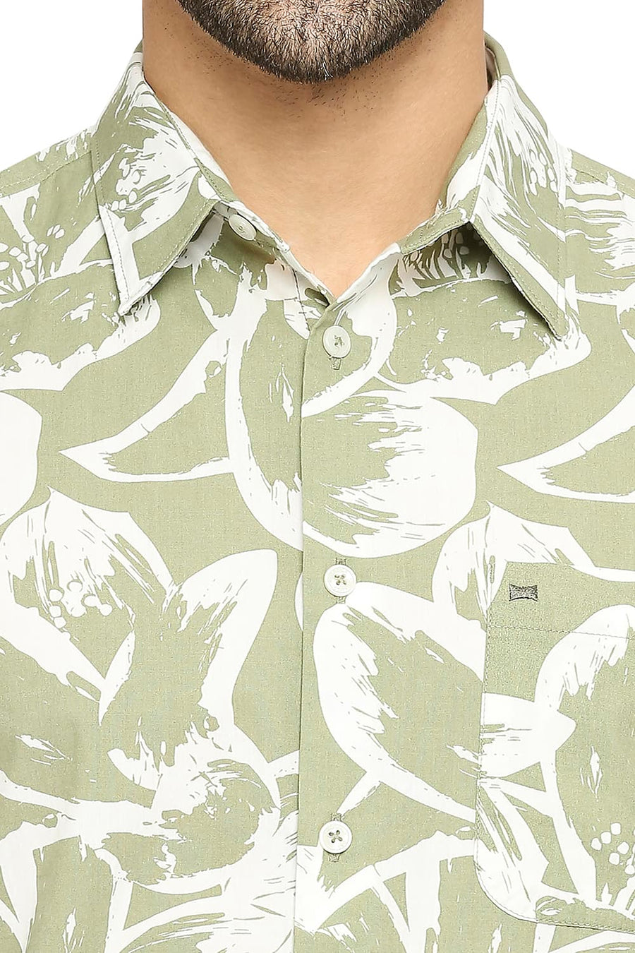 BASICS SLIM FIT JADE GREEN COTTON POPLIN PRINTED SHIRT