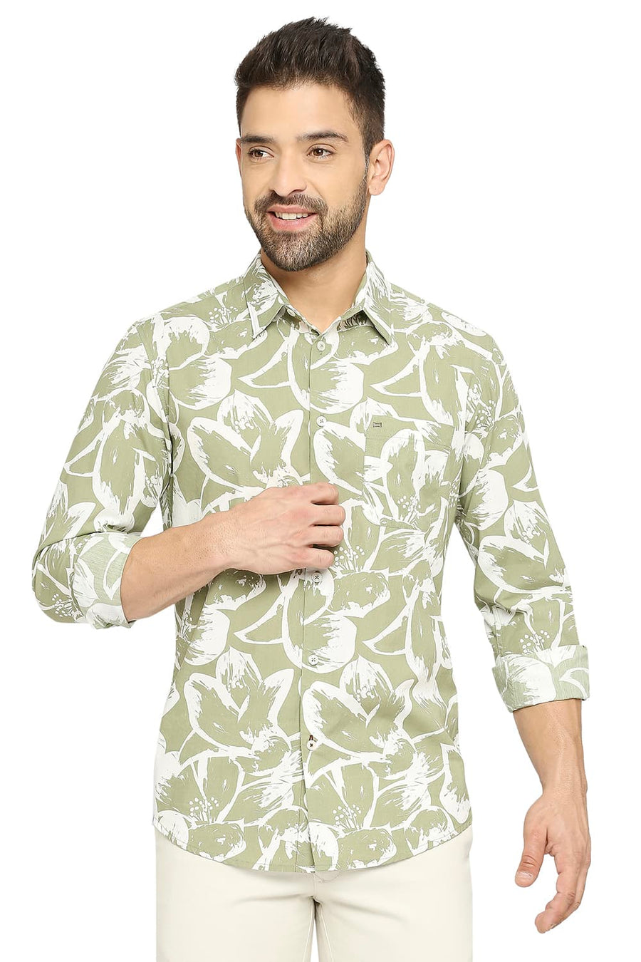 BASICS SLIM FIT JADE GREEN COTTON POPLIN PRINTED SHIRT