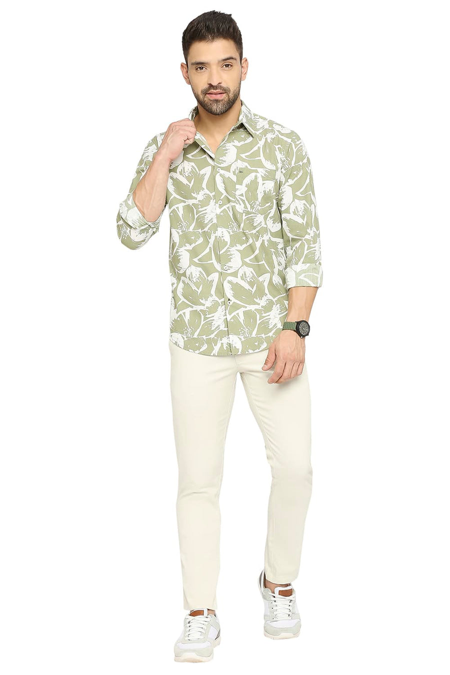 BASICS SLIM FIT JADE GREEN COTTON POPLIN PRINTED SHIRT