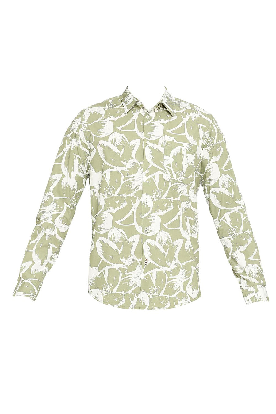 BASICS SLIM FIT JADE GREEN COTTON POPLIN PRINTED SHIRT