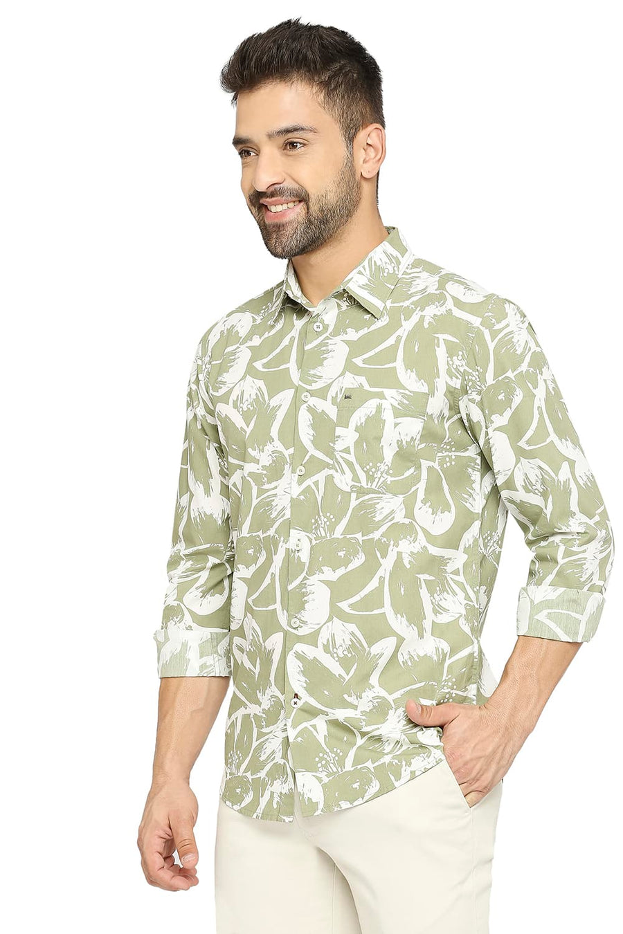 BASICS SLIM FIT JADE GREEN COTTON POPLIN PRINTED SHIRT