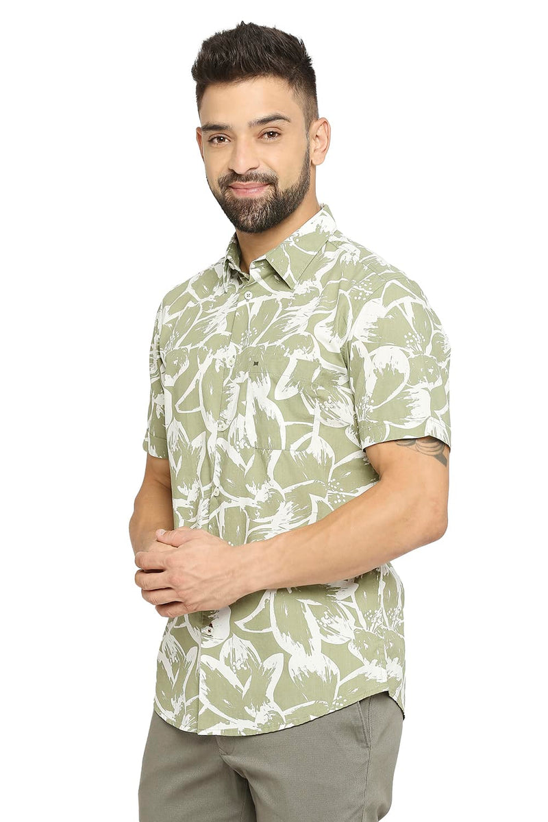 BASICS SLIM FIT COTTON POPLIN PRINTED HALFSLEEVES SHIRT