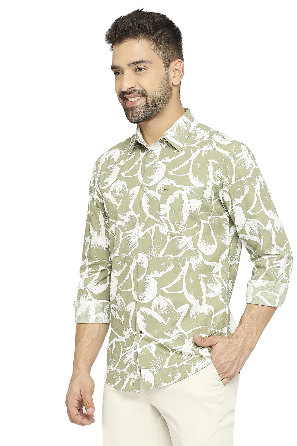 BASICS SLIM FIT COTTON POPLIN PRINTED SHIRT