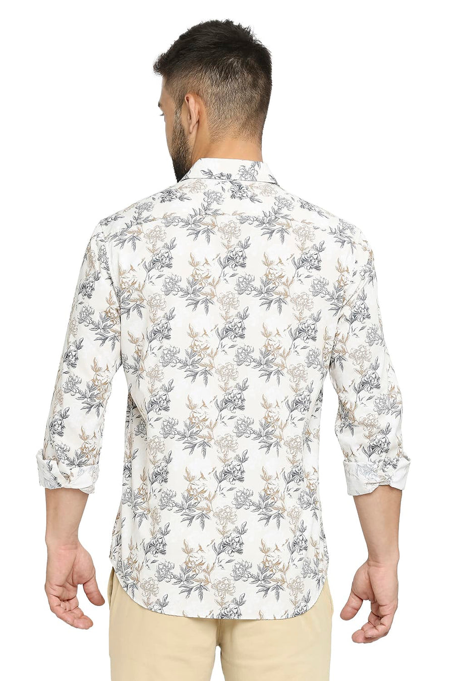 BASICS SLIM FIT SEMOLINA BEIGE COTTON POPLIN PRINTED SHIRT