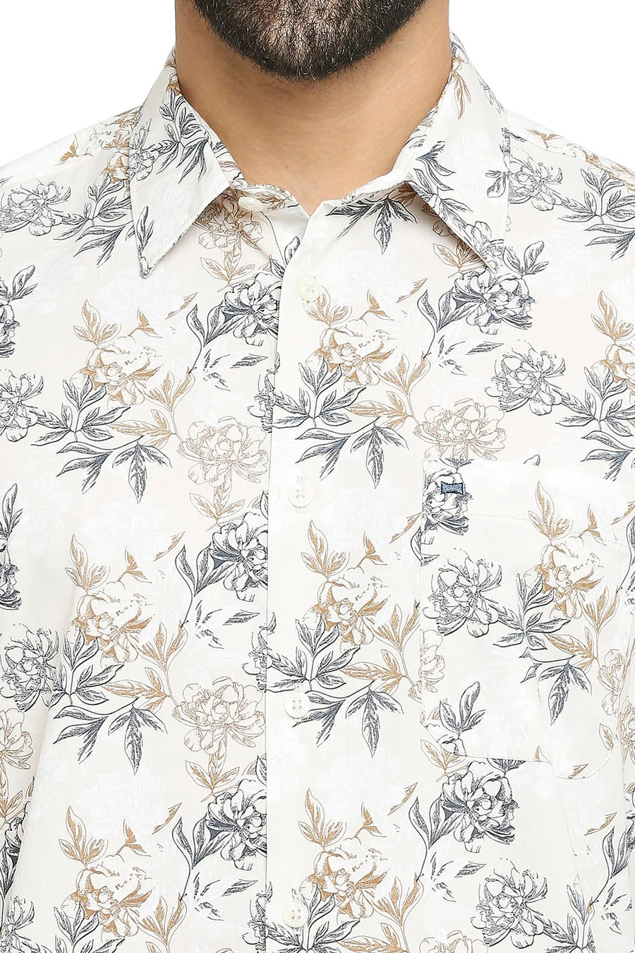BASICS SLIM FIT SEMOLINA BEIGE COTTON POPLIN PRINTED SHIRT