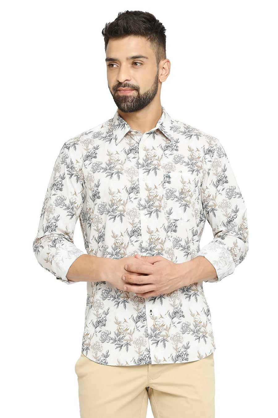 BASICS SLIM FIT SEMOLINA BEIGE COTTON POPLIN PRINTED SHIRT