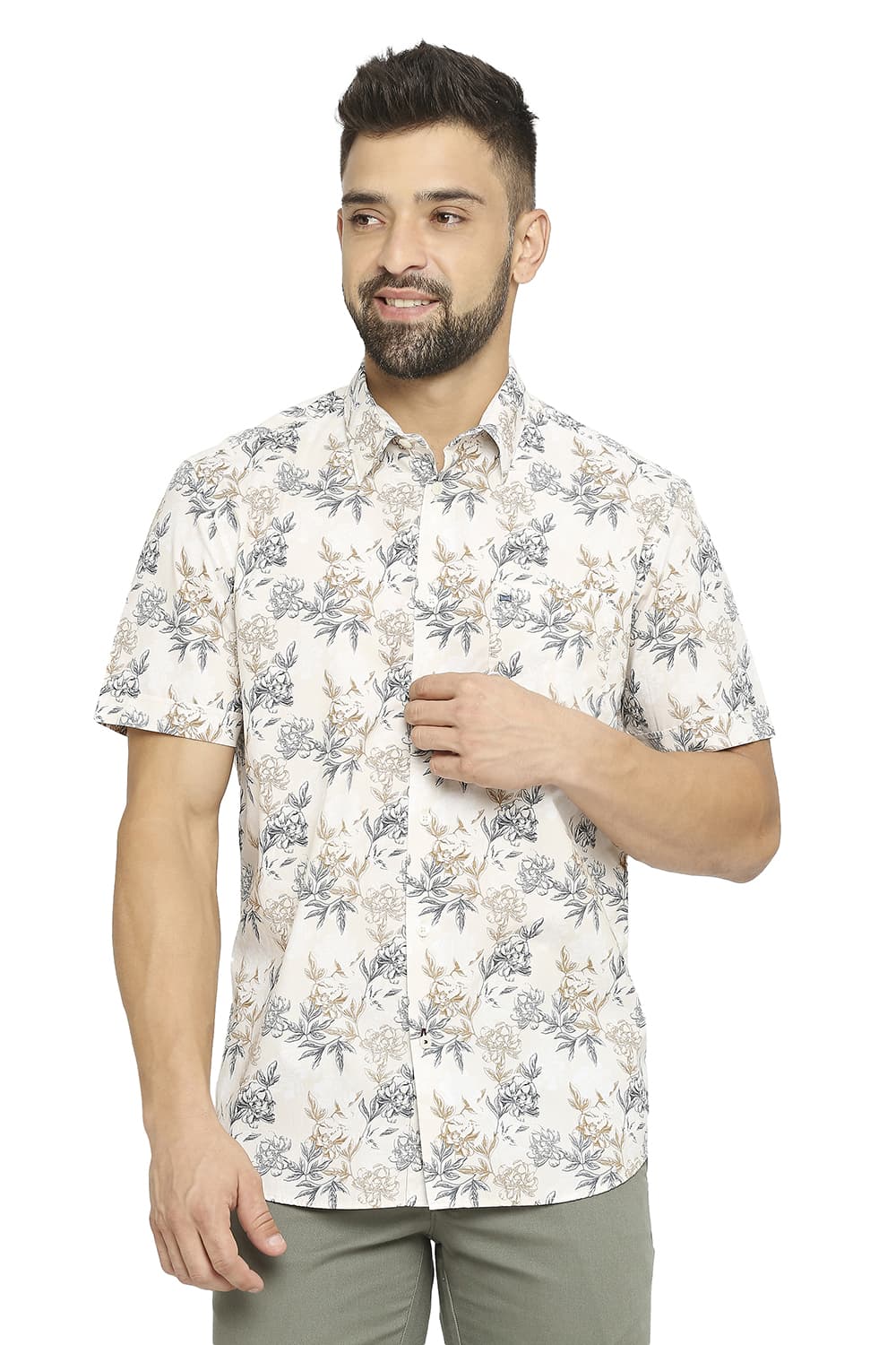 BASICS SLIM FIT COTTON POPLIN PRINTED SHIRT