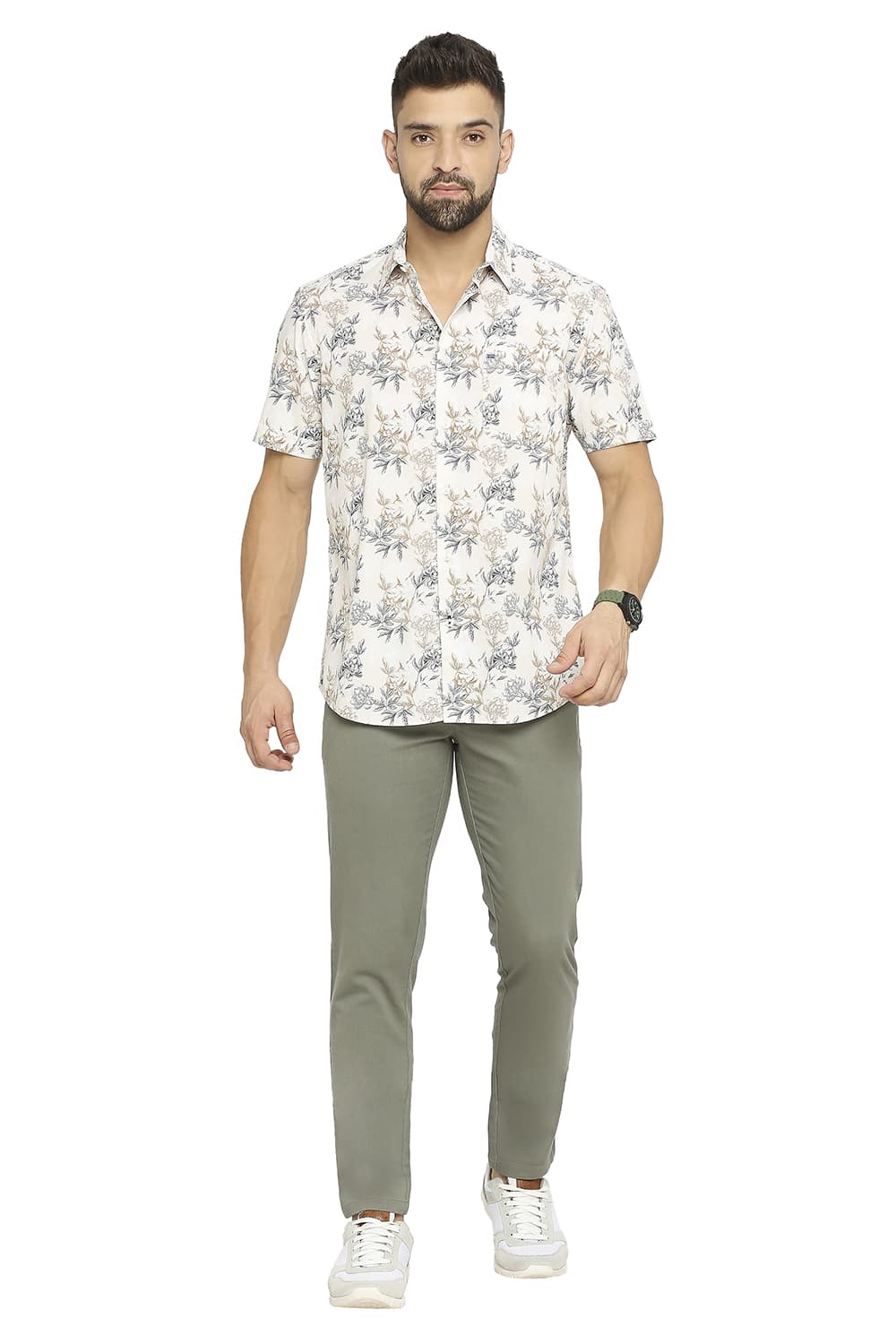 BASICS SLIM FIT COTTON POPLIN PRINTED HALFSLEEVES SHIRT