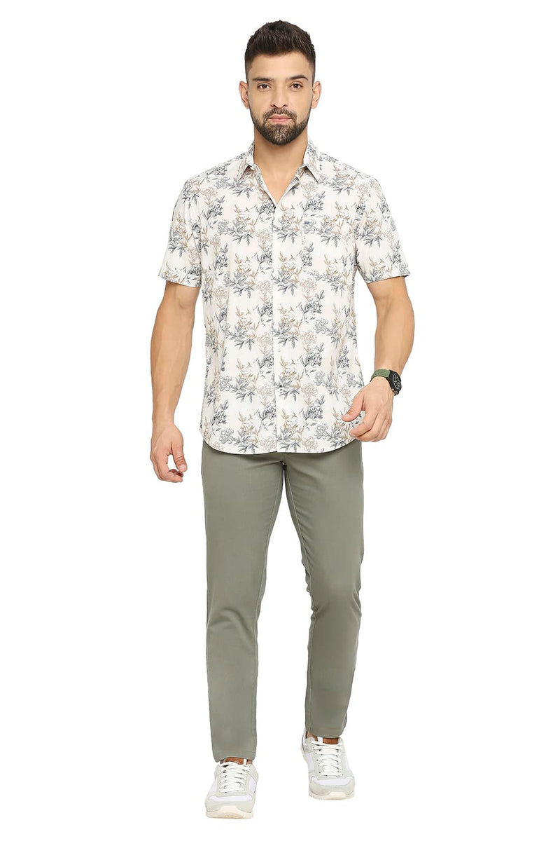 BASICS SLIM FIT COTTON POPLIN PRINTED HALFSLEEVES SHIRT