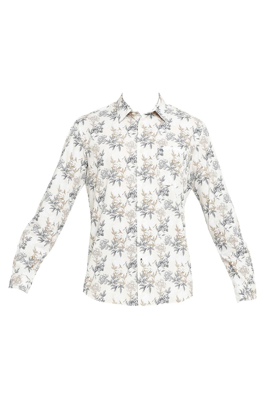 BASICS SLIM FIT SEMOLINA BEIGE COTTON POPLIN PRINTED SHIRT