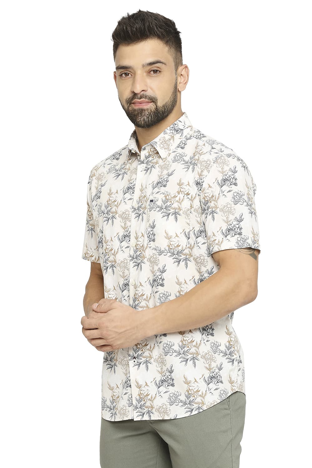 BASICS SLIM FIT COTTON POPLIN PRINTED HALFSLEEVES SHIRT