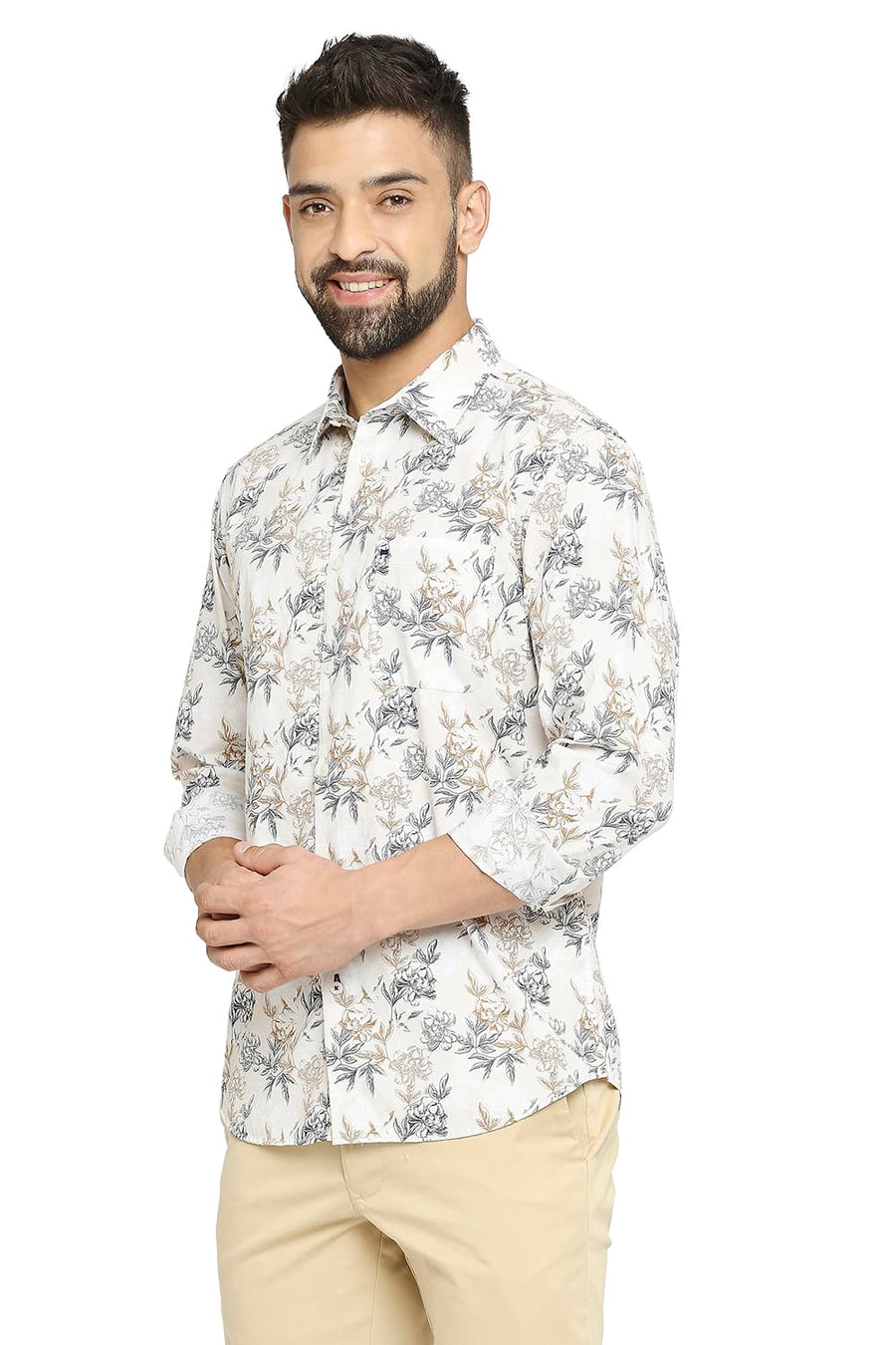BASICS SLIM FIT SEMOLINA BEIGE COTTON POPLIN PRINTED SHIRT