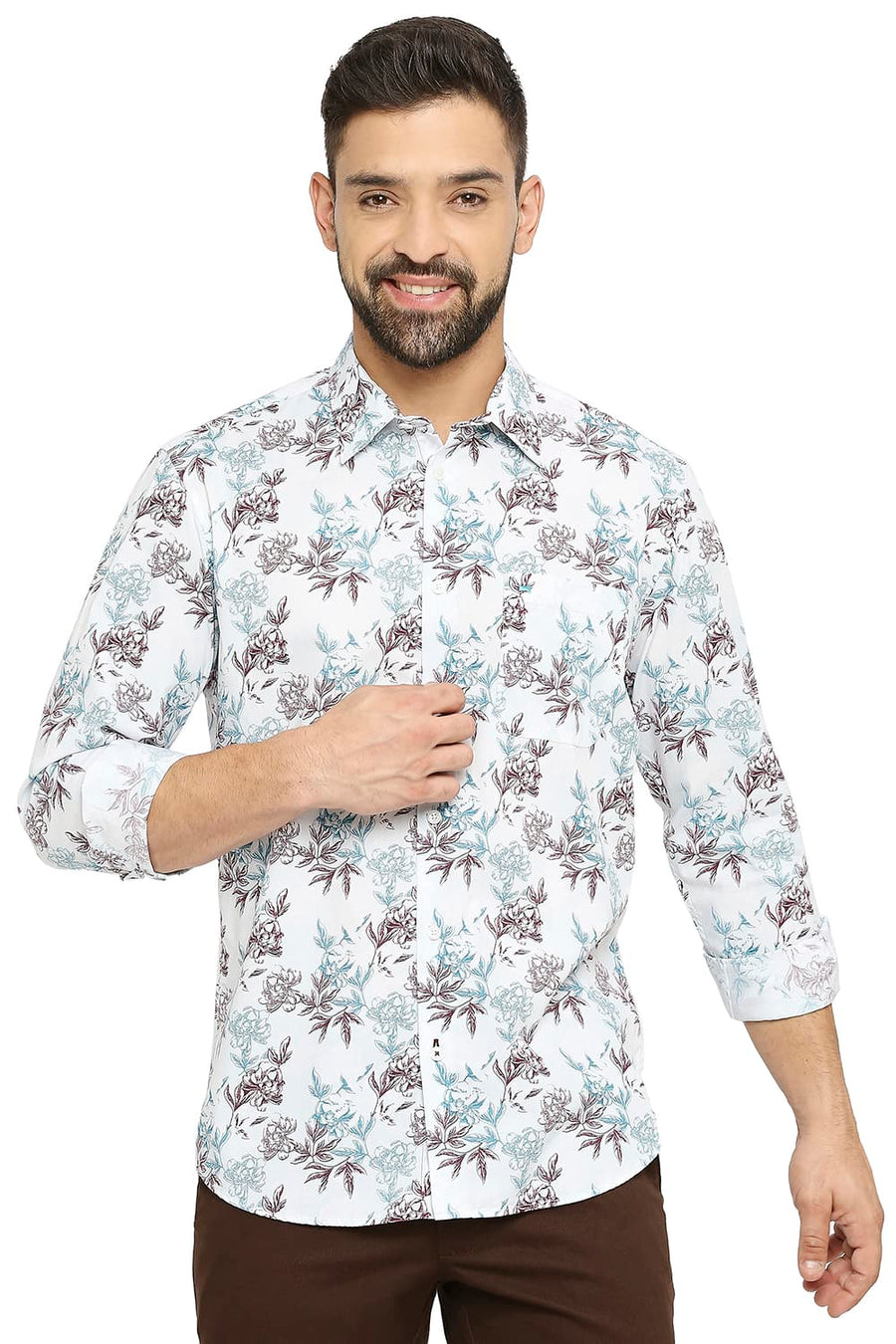 BASICS SLIM FIT MEADON AQUA COTTON POPLIN PRINTED SHIRT