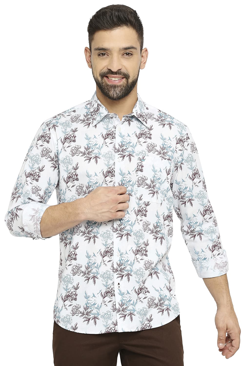 BASICS SLIM FIT COTTON POPLIN PRINTED SHIRT