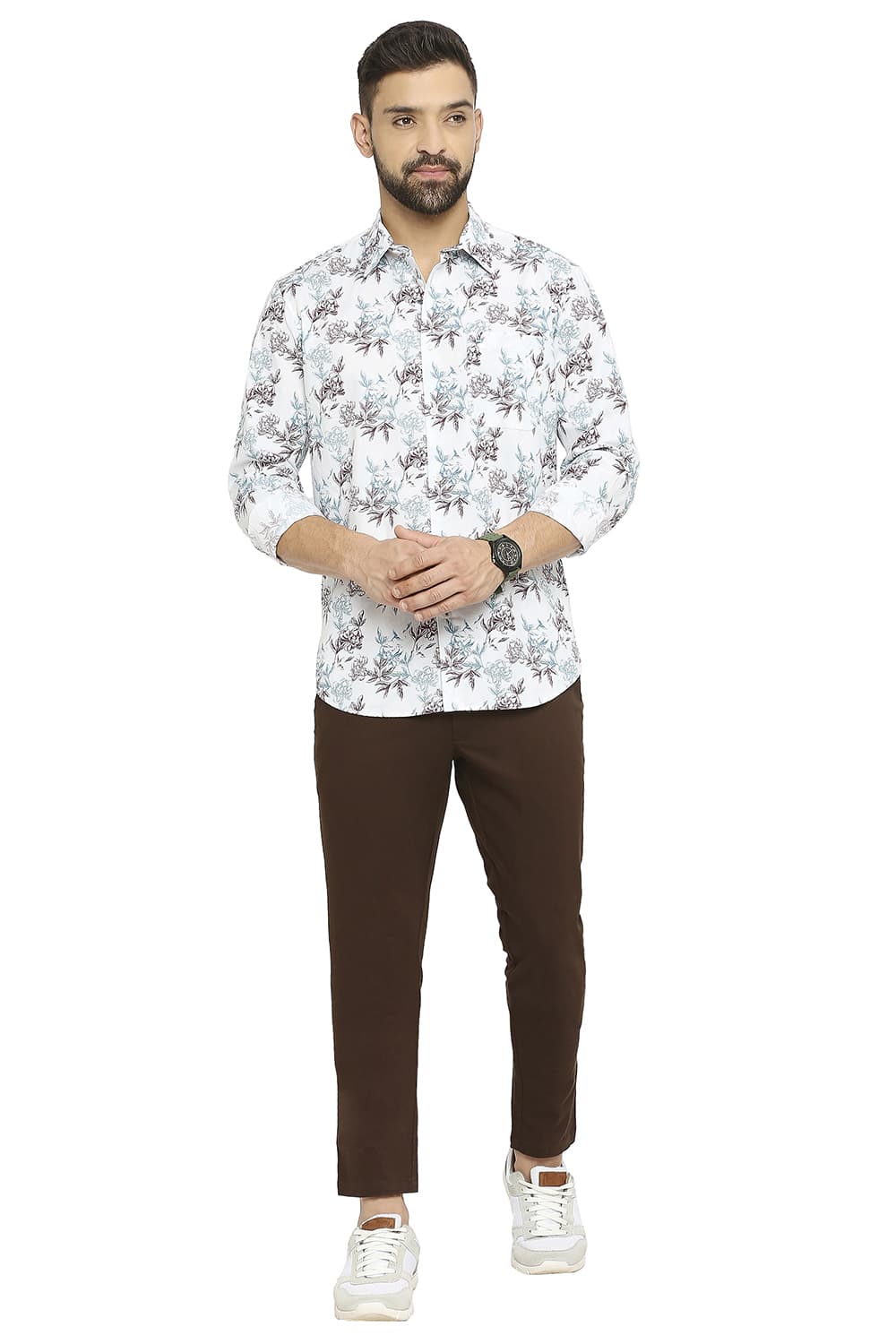 BASICS SLIM FIT COTTON POPLIN PRINTED SHIRT