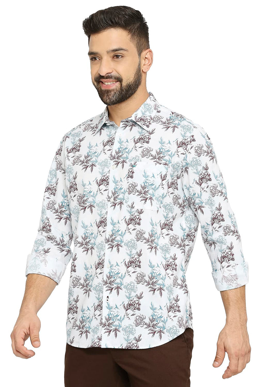 BASICS SLIM FIT MEADON AQUA COTTON POPLIN PRINTED SHIRT