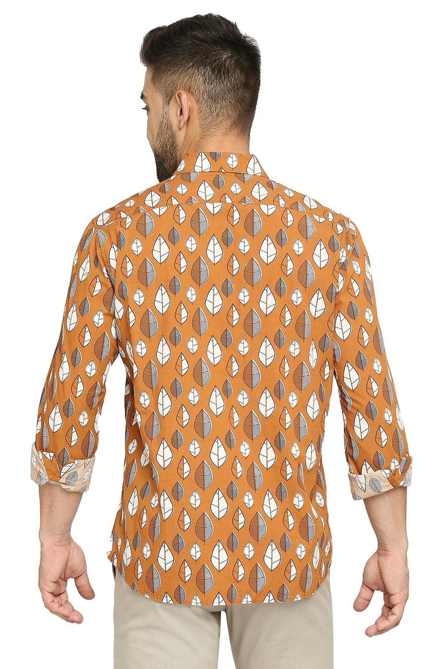 BASICS SLIM FIT SPICE TAN COTTON POPLIN PRINTED SHIRT