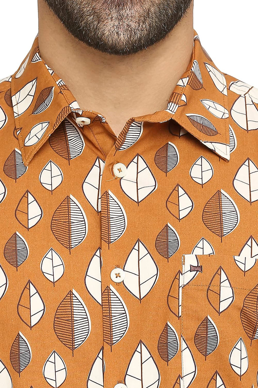 BASICS SLIM FIT SPICE TAN COTTON POPLIN PRINTED SHIRT