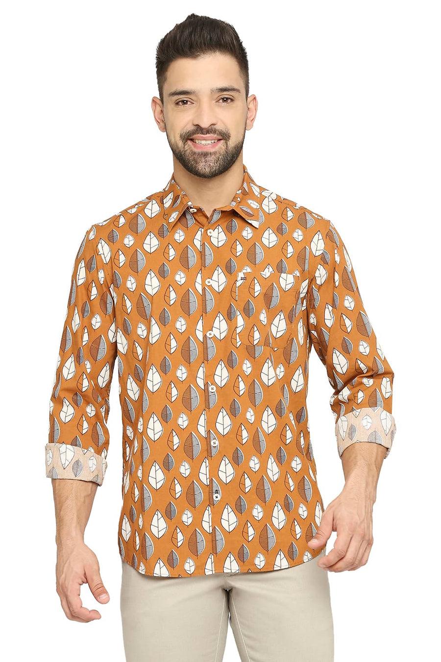 BASICS SLIM FIT SPICE TAN COTTON POPLIN PRINTED SHIRT