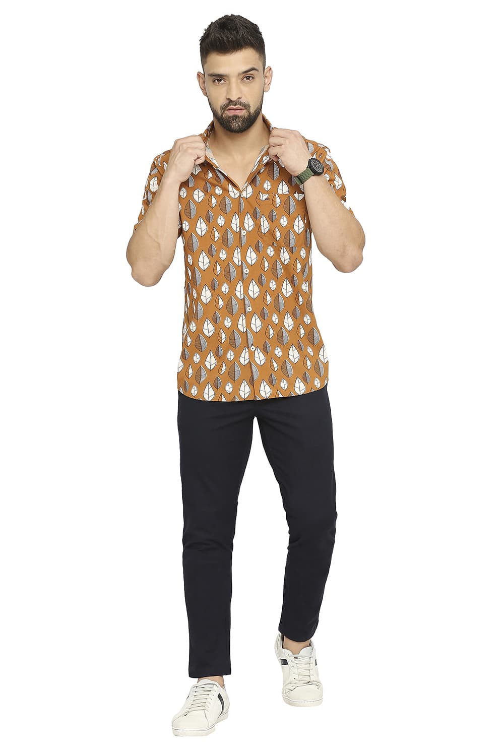 BASICS SLIM FIT COTTON POPLIN PRINTED HALFSLEEVES SHIRT