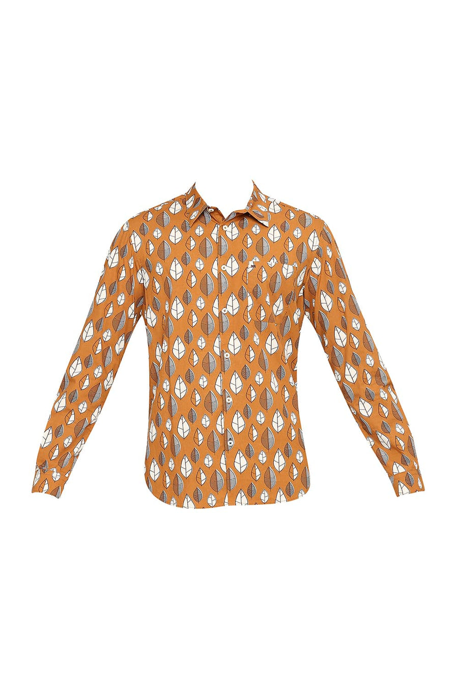 BASICS SLIM FIT SPICE TAN COTTON POPLIN PRINTED SHIRT